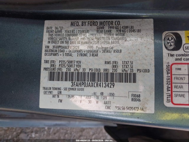 46056125 :رقم المزاد ، 3FAHP0JAXCR413429 vin ، 2012 Ford Fusion Sel مزاد بيع