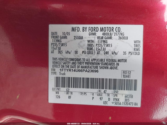 Продаж на аукціоні авто 2006 Ford Ranger Sport/stx/xl/xlt, vin: 1FTYR14U66PA23696, номер лоту: 46056133