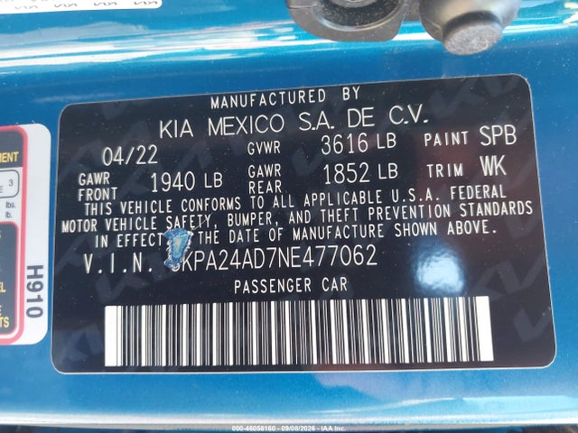 Продаж на аукціоні авто 2022 Kia Rio S, vin: 3KPA24AD7NE477062, номер лоту: 46056160