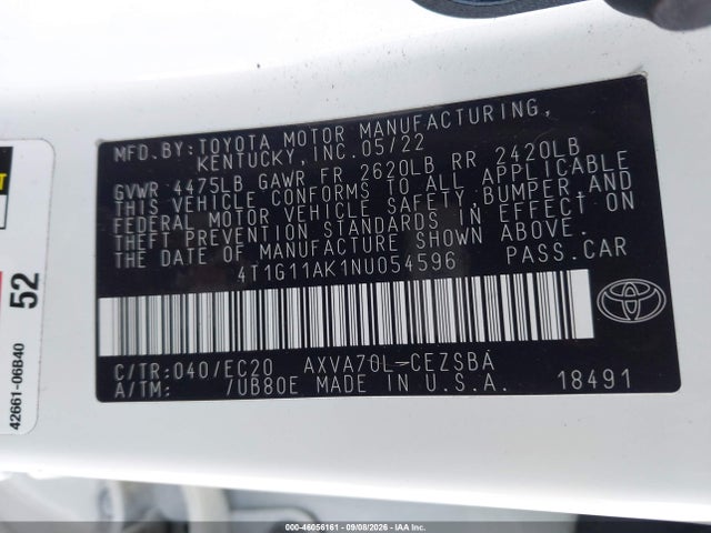 46056161 :رقم المزاد ، 4T1G11AK1NU054596 vin ، 2022 Toyota Camry Se Nightshade Edition مزاد بيع