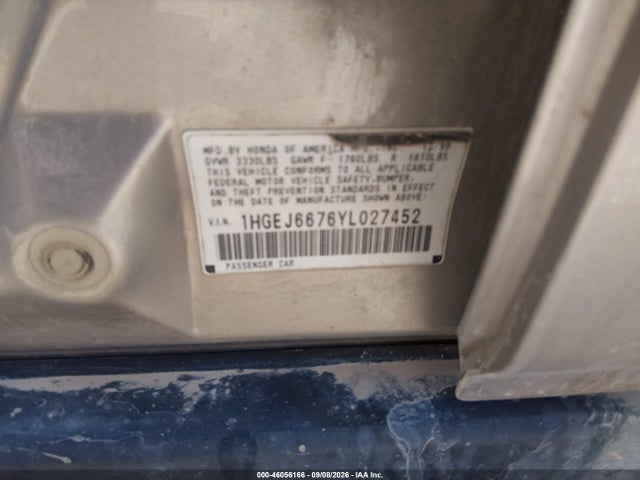 Продаж на аукціоні авто 2000 Honda Civic Lx, vin: 1HGEJ6676YL027452, номер лоту: 46056166