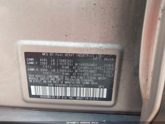 46056173 :رقم المزاد ، 4S4BRBDC0E3316157 vin ، 2014 Subaru Outback 2.5i Premium مزاد بيع