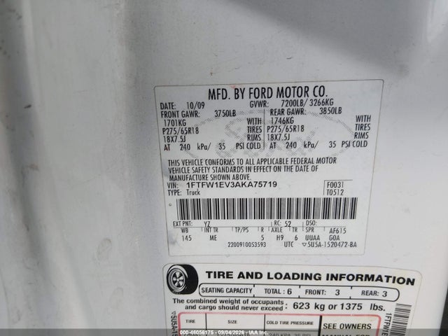 Aukcja sprzedaży 2010 Ford F-150 Fx4/harley-davidson/king Ranch/lariat/platinum/xl/xlt, vin: 1FTFW1EV3AKA75719, numer aukcji: 46056175