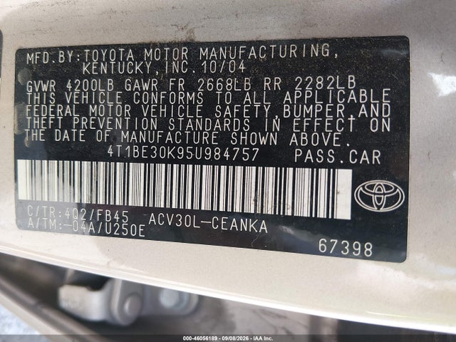 46056189 :رقم المزاد ، 4T1BE30K95U984757 vin ، 2005 Toyota Camry Le/xle/se مزاد بيع