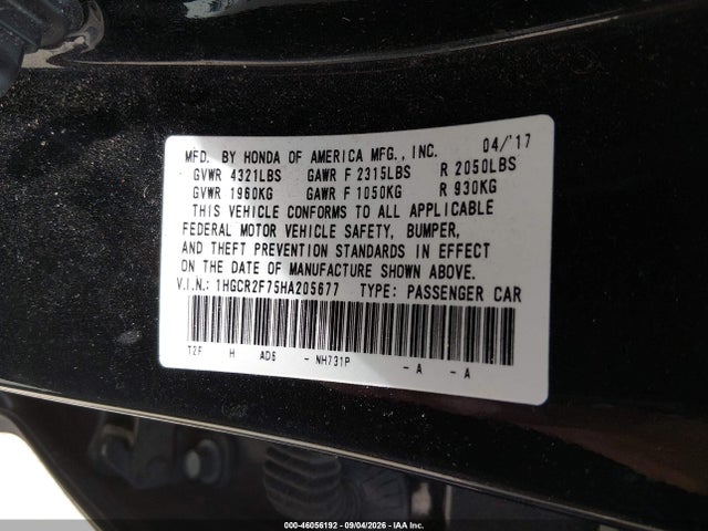 Honda ACCORD EX 2017 1HGCR2F75HA205677 Image 9
