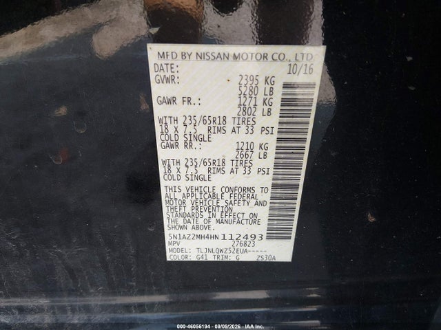 Продаж на аукціоні авто 2017 Nissan Murano Sv, vin: 5N1AZ2MH4HN112493, номер лоту: 46056194