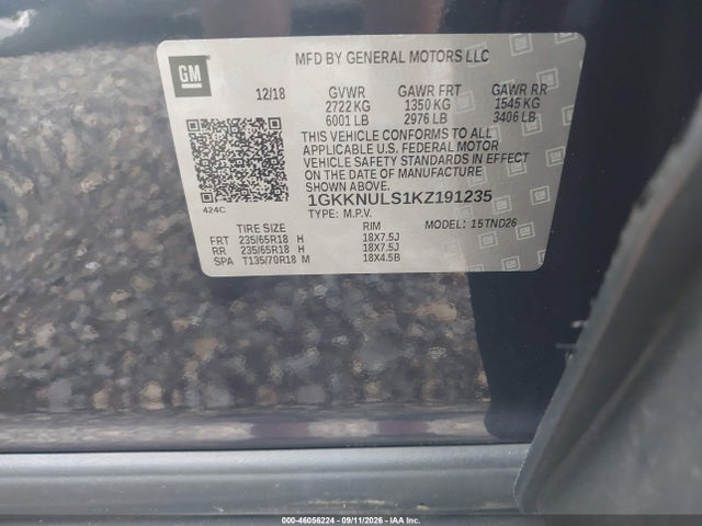 Auction sale of the 2019 Gmc Acadia Slt-1, vin: 1GKKNULS1KZ191235, lot number: 46056224