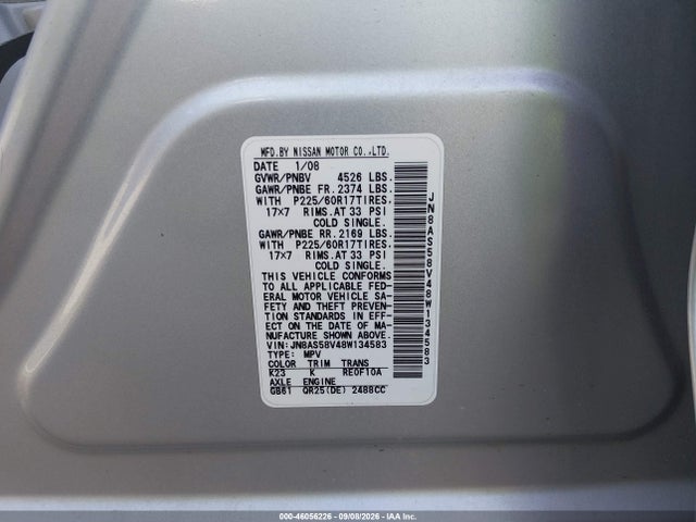 46056226 :رقم المزاد ، JN8AS58V48W134583 vin ، 2008 Nissan Rogue Sl مزاد بيع