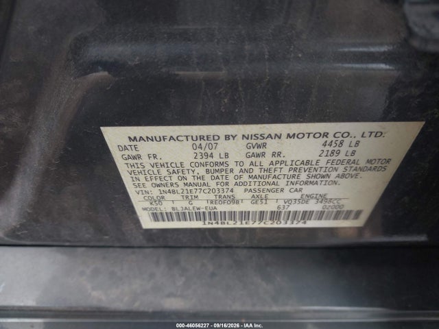 Продаж на аукціоні авто 2007 Nissan Altima 3.5 Sl, vin: 1N4BL21E77C203374, номер лоту: 46056227