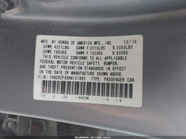 Продаж на аукціоні авто 2017 Honda Accord Ex-l, vin: 1HGCR2F9XHA121940, номер лоту: 46056238