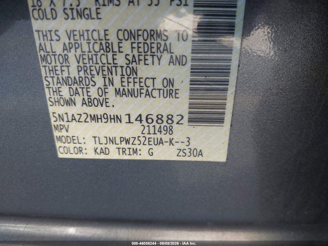 46056244 :رقم المزاد ، 5N1AZ2MH9HN146882 vin ، 2017 Nissan Murano S مزاد بيع