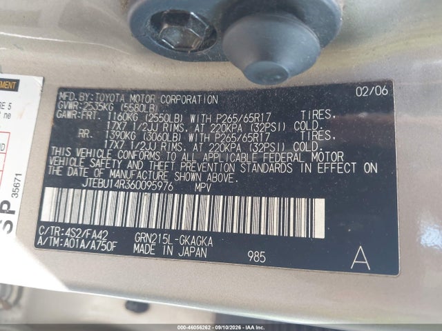46056262 :رقم المزاد ، JTEBU14R360095976 vin ، 2006 Toyota 4runner Sr5 V6 مزاد بيع