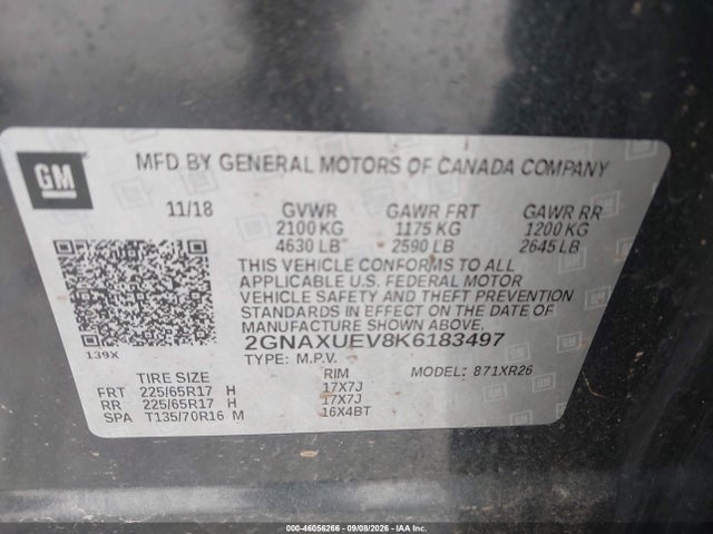 Aukcja sprzedaży 2019 Chevrolet Equinox Lt, vin: 2GNAXUEV8K6183497, numer aukcji: 46056266