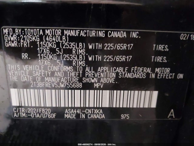 46056274 :رقم المزاد ، 2T3BFREV5JW755688 vin ، 2018 Toyota Rav4 Le مزاد بيع
