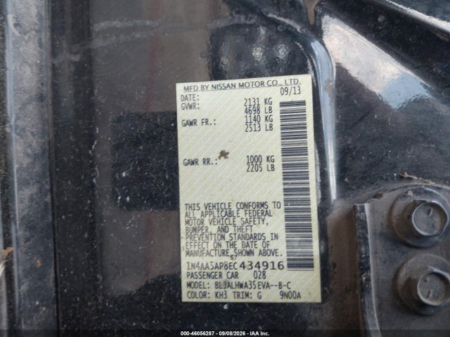 Продаж на аукціоні авто 2014 Nissan Maxima 3.5 Sv, vin: 1N4AA5AP8EC434916, номер лоту: 46056287