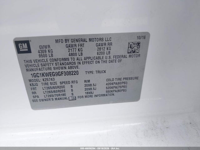 Aukcja sprzedaży 2016 Chevrolet Silverado 2500hd Ltz, vin: 1GC1KWEG9GF308220, numer aukcji: 46056294