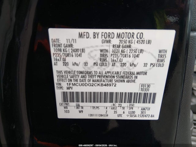 46056297 :رقم المزاد ، 1FMCU0DG2CKB48972 vin ، 2012 Ford Escape Xlt مزاد بيع