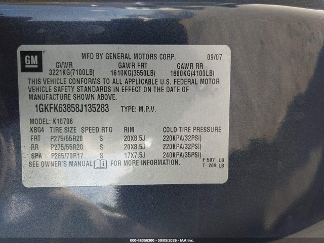 46056300 :رقم المزاد ، 1GKFK63858J135283 vin ، 2008 Gmc Yukon Denali مزاد بيع