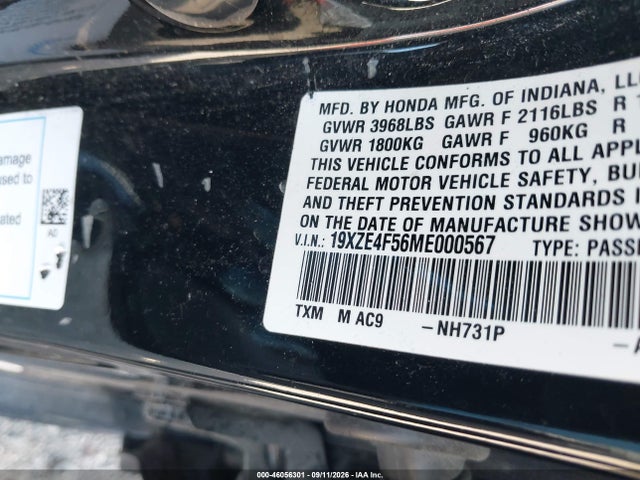 2021 Honda Insight Ex მანქანა იყიდება აუქციონზე, vin: 19XZE4F56ME000567, აუქციონის ნომერი: 46056301
