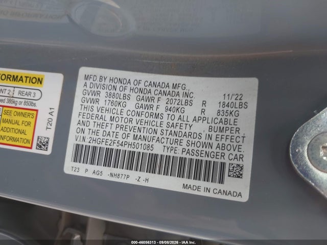 Aukcja sprzedaży 2023 Honda Civic Sport, vin: 2HGFE2F54PH501085, numer aukcji: 46056313