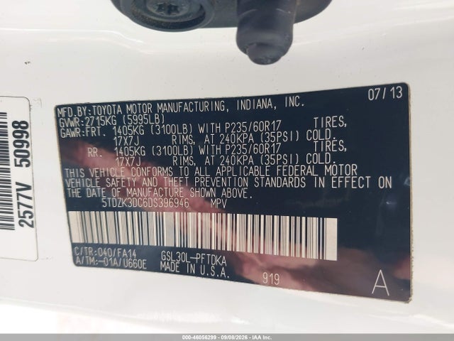 Продажа на аукционе авто 2013 Toyota Sienna L V6 7 Passenger, vin: 5TDZK3DC6DS396946, номер лота: 46056299