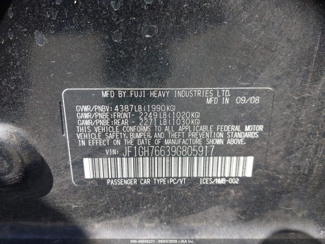 2009 Subaru Impreza Wrx მანქანა იყიდება აუქციონზე, vin: JF1GH76639G805917, აუქციონის ნომერი: 46056321