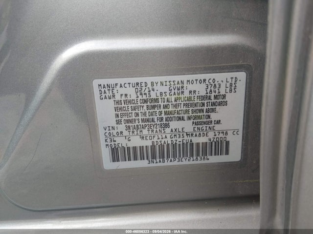 Продаж на аукціоні авто 2014 Nissan Sentra Fe+ S/fe+ Sv/s/sl/sr/sv, vin: 3N1AB7AP3EY218386, номер лоту: 46056323