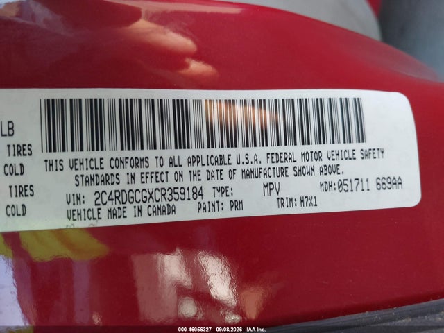 2012 Dodge Grand Caravan Sxt მანქანა იყიდება აუქციონზე, vin: 2C4RDGCGXCR359184, აუქციონის ნომერი: 46056327