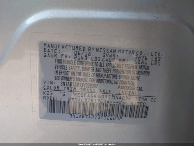 2018 Nissan Sentra Sv მანქანა იყიდება აუქციონზე, vin: 3N1AB7AP7JY328092, აუქციონის ნომერი: 46056332