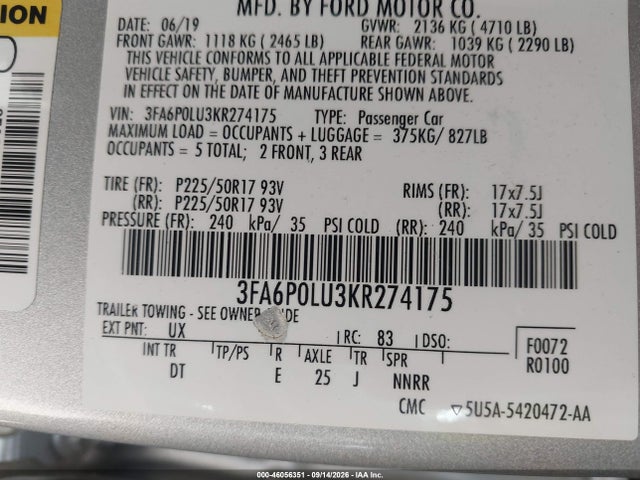 Продаж на аукціоні авто 2019 Ford Fusion Hybrid Se, vin: 3FA6P0LU3KR274175, номер лоту: 46056351