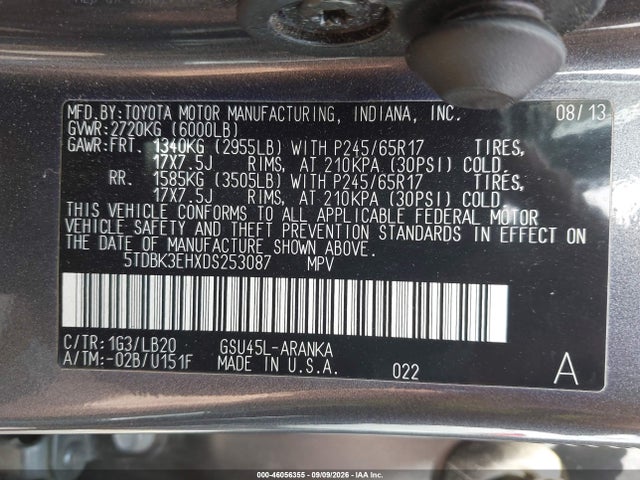 Продажа на аукционе авто 2013 Toyota Highlander Se V6, vin: 5TDBK3EHXDS253087, номер лота: 46056355