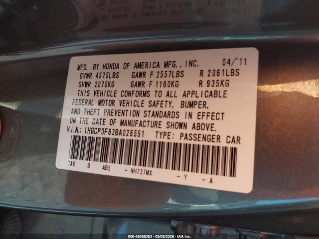 46056363 :رقم المزاد ، 1HGCP3F83BA026551 vin ، 2011 Honda Accord 3.5 Ex-l مزاد بيع