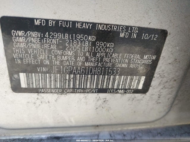Auction sale of the 2013 Subaru Impreza 2.0i, vin: JF1GPAA61DH811533, lot number: 46056372