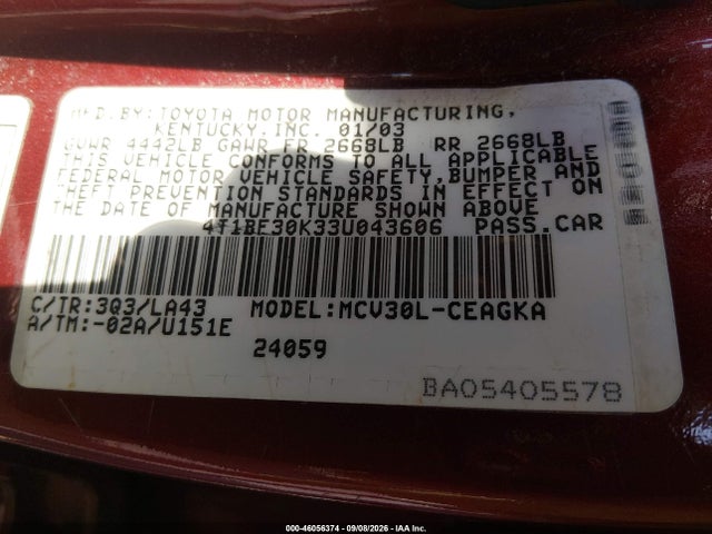 2003 Toyota Camry Xle V6 მანქანა იყიდება აუქციონზე, vin: 4T1BF30K33U043606, აუქციონის ნომერი: 46056374