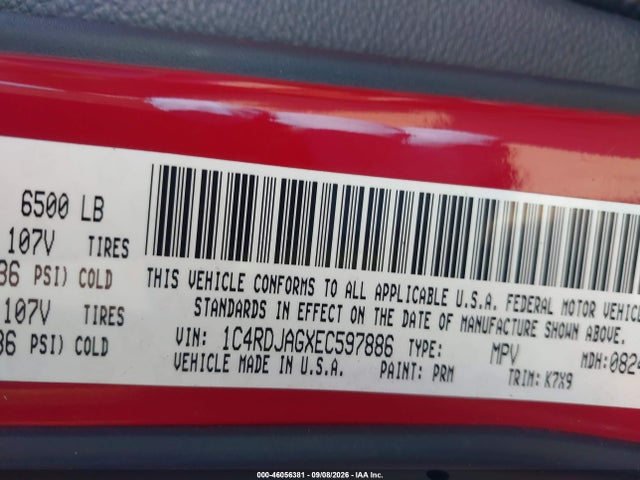 46056381 :رقم المزاد ، 1C4RDJAGXEC597886 vin ، 2014 Dodge Durango Sxt مزاد بيع