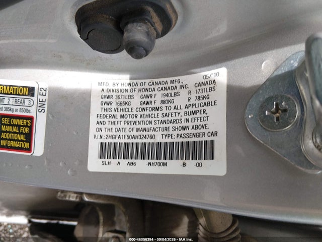 2010 Honda Civic Lx მანქანა იყიდება აუქციონზე, vin: 2HGFA1F50AH324760, აუქციონის ნომერი: 46056384