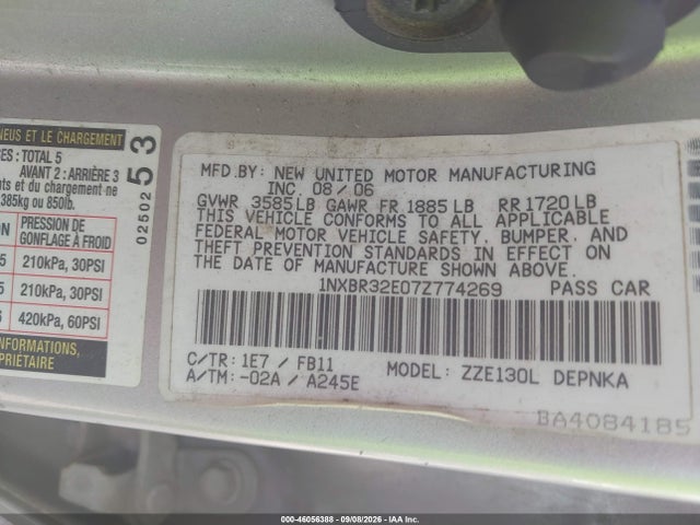2007 Toyota Corolla Le მანქანა იყიდება აუქციონზე, vin: 1NXBR32E07Z774269, აუქციონის ნომერი: 46056388