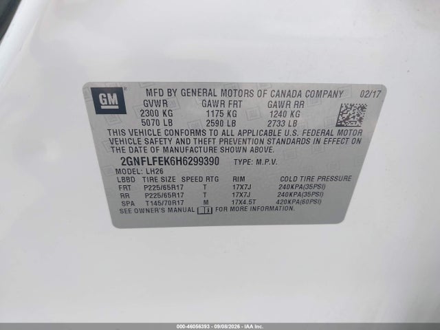 2017 Chevrolet Equinox Lt მანქანა იყიდება აუქციონზე, vin: 2GNFLFEK6H6299390, აუქციონის ნომერი: 46056393