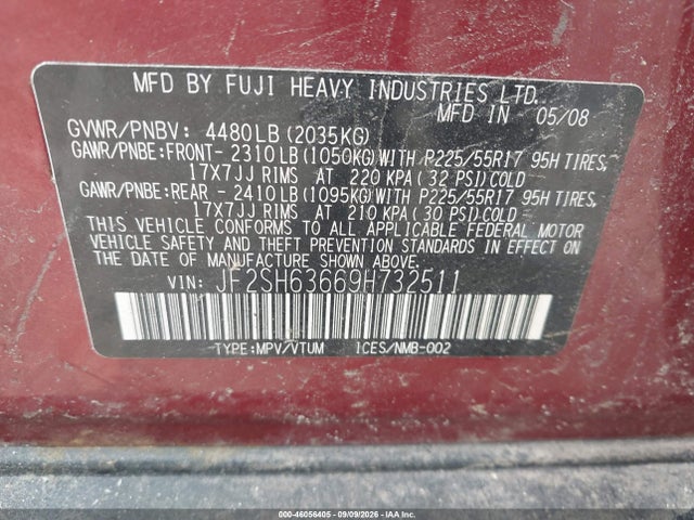 Aukcja sprzedaży 2009 Subaru Forester 2.5x, vin: JF2SH63669H732511, numer aukcji: 46056405
