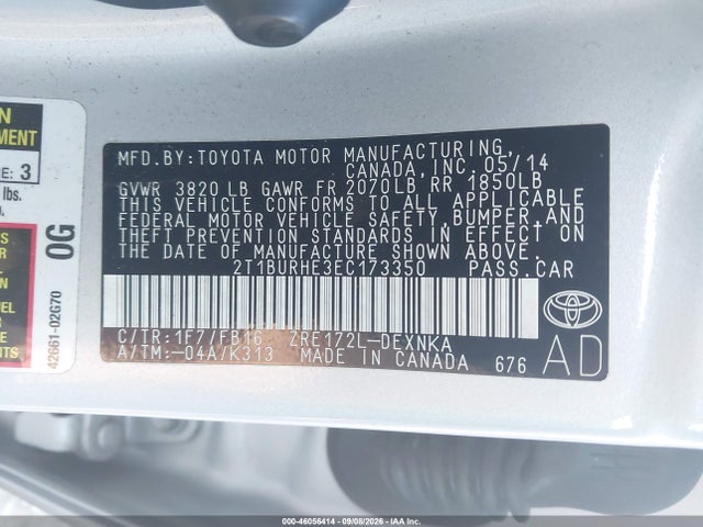 46056414 :رقم المزاد ، 2T1BURHE3EC173350 vin ، 2014 Toyota Corolla Le Plus مزاد بيع