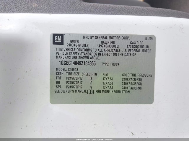 2009 Chevrolet Silverado 1500 Work Truck მანქანა იყიდება აუქციონზე, vin: 1GCEC14049Z184865, აუქციონის ნომერი: 46056417