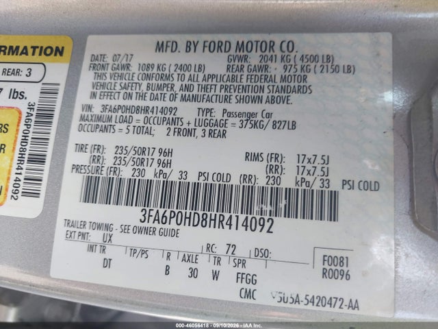 Ford FUSION SE 2017 3FA6P0HD8HR414092 Image 9