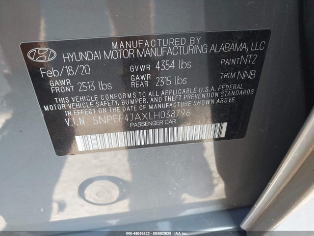 Продаж на аукціоні авто 2020 Hyundai Sonata Sel, vin: 5NPEF4JAXLH038796, номер лоту: 46056422