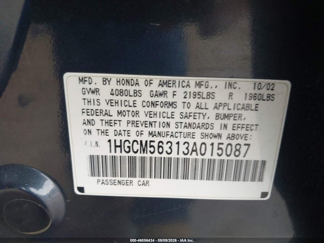 46056434 :رقم المزاد ، 1HGCM56313A015087 vin ، 2003 Honda Accord 2.4 Lx مزاد بيع