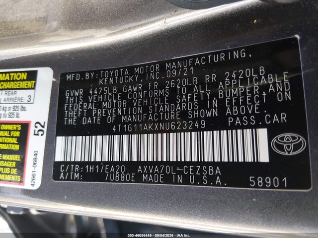 Auction sale of the 2022 Toyota Camry Se, vin: 4T1G11AKXNU623249, lot number: 46056449