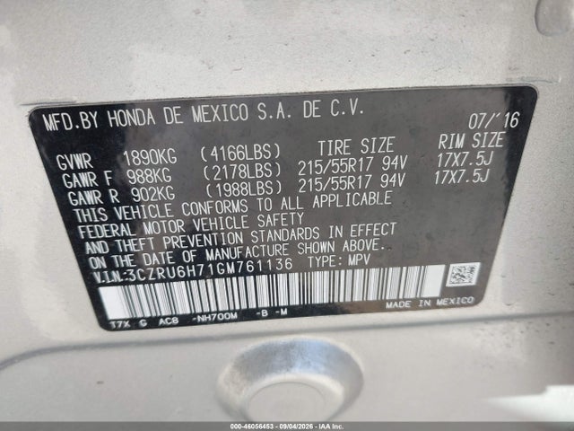Aukcja sprzedaży 2016 Honda Hr-v Ex-l, vin: 3CZRU6H71GM761136, numer aukcji: 46056453
