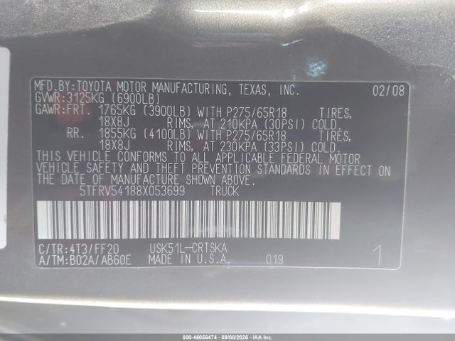 Продаж на аукціоні авто 2008 Toyota Tundra Sr5 5.7l V8, vin: 5TFRV54188X053699, номер лоту: 46056474