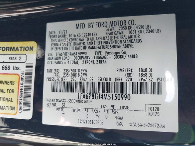 46056478 :رقم المزاد ، 1FA6P8TH4M5150990 vin ، 2021 Ford Mustang Ecoboost Fastback مزاد بيع