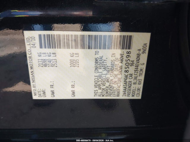 2010 Nissan Maxima 3.5 Sv მანქანა იყიდება აუქციონზე, vin: 1N4AA5AP4AC850598, აუქციონის ნომერი: 46056479