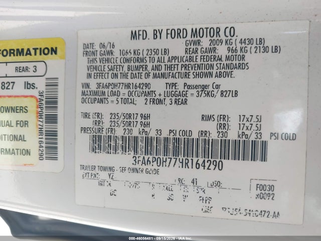 Продаж на аукціоні авто 2017 Ford Fusion Se, vin: 3FA6P0H77HR164290, номер лоту: 46056481